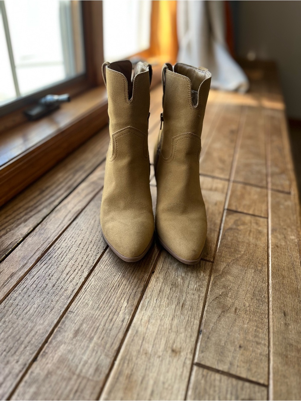 MIA Suede Pointed-Toe Ankle Booties in Tan